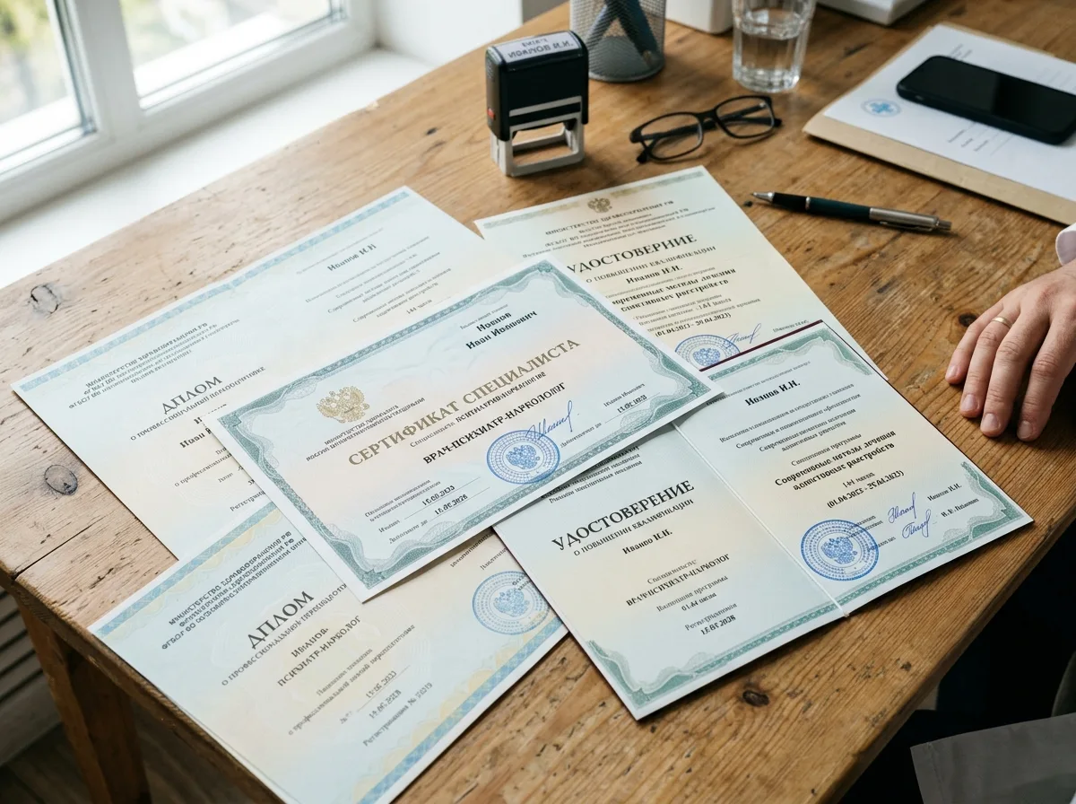 Сертификаты специалистов врачей психиатров-наркологов, подтверждающие квалификацию и прохождение повышения квалификации, разложены на столе